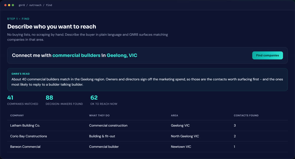 GNR8 Outreach - describe the buyer and the area, and GNR8 surfaces the matching businesses with a read on who to chase